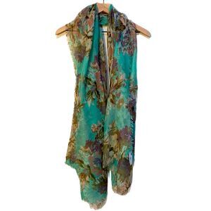 WORLD MARKET Scarf Women’s 39”x71” Green Mauve Flowers Sheer Fringe.